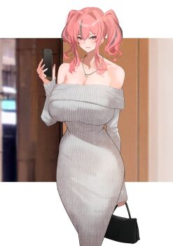 1girl aji_(sakanaaj1) alternate_costume azur_lane bag bare_shoulders blush breasts bremerton_(azur_lane) cellphone chain chain_necklace cleavage clenched_teeth commentary curvy dress earrings embarrassed feet_out_of_frame furrowed_brow grey_dress grey_hair handbag heart heart_necklace highres holding holding_bag holding_phone huge_breasts jewelry long_sleeves looking_at_viewer medium_hair mole mole_on_breast multicolored_hair necklace off-shoulder_dress off_shoulder phone photo_background pink_eyes pink_hair ribbed_dress sidelocks smartphone solo standing streaked_hair taut_clothes taut_dress teeth twintails two-tone_hair