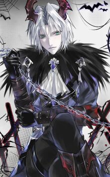 1boy 3_3lecho absurdres arm_across_waist ascot bat_(animal) black_boots black_feathers black_gloves black_pants boots chain commentary crossed_legs feathers final_fantasy final_fantasy_vii final_fantasy_vii:_ever_crisis gem gloves green_eyes grey_hair halloween hand_up highres holding holding_chain horns implied_yaoi jacket knee_boots light_smile looking_at_viewer male_focus official_alternate_costume pants parted_bangs purple_gem purple_jacket red_horns sephiroth sephiroth_(dark_harbinger) sephiroth_(ever_crisis) short_hair sitting slit_pupils solo symbol-only_commentary upper_body white_ascot