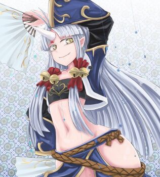 1girl arm_up b.d bandeau bell belt brown_belt clothing_cutout coin contrapposto cowboy_shot cropped_jacket facial_mark fangs flat_chest gold_trim hair_tubes hand_fan highres hip_vent holding holding_fan holed_coin horns jacket japanese_clothes jingle_bell long_hair long_sidelocks long_sleeves midriff navel oni open_clothes open_jacket parted_bangs patterned_background pointy_ears rain rope_belt sidelocks single_horn skirt slit_pupils smile snowing solo standing stomach straight_hair strapless super_robot_wars super_robot_wars_og_saga_mugen_no_frontier super_robot_wars_og_saga_mugen_no_frontier_exceed suzuka_hime tube_top very_long_hair white_horns wide_hips wide_sleeves yellow_eyes