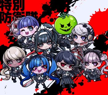 6+girls amemiya_darumi axe battle_axe black_boots black_bow black_hair black_hairband black_sailor_collar black_serafuku black_skirt blonde_hair blue_hair boots bow bow_hairband chain commentary dark-skinned_female dark_skin dual_wielding earrings eyeliner face_piercing frown glasses grey_eyes grey_hair gun hair_bow hair_bun hair_ornament hairband holding holding_axe holding_behind_back holding_gun holding_knife holding_mace holding_sword holding_weapon holding_weapon_behind_back jewelry kawana_tsubasa kirifuji_nozomi knife long_hair looking_at_viewer mace magadori_kyoshika makeup mask mojiro_moko multicolored_hair multiple_girls neckerchief nota_sayaka one_eye_closed oosuzuki_kurara piercing pink_eyes pink_hair ponytail purple_eyes purple_hair red_eyeliner red_eyes sailor_collar school_uniform serafuku serious shizuhara_hiruko skirt smile spiked_mace spikes sword the_hundred_line_-last_defense_academy- tongue tongue_out tsukumo_kako twintails weapon white_hairband white_neckerchief