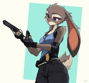 1girl absurdres animal_ears bare_shoulders black_pants commentary english_commentary fingerless_gloves furry gloves gun highres holding holding_gun holding_weapon judy_hopps pants police_badge potato_kamaos purple_eyes rabbit_ears rabbit_girl rabbit_tail solo tail weapon zootopia