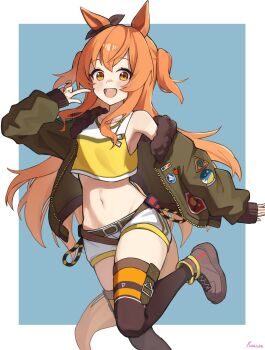 1girl absurdres animal_ears belt black_thighhighs blush bomber_jacket bow breasts brown_ribbon crop_top dog_tags ear_bow ear_ribbon green_belt green_jacket hair_between_eyes highres horse_ears horse_girl horse_tail jacket kuaspa long_hair long_sleeves looking_at_viewer mayano_top_gun_(scramble_zone)_(umamusume) mayano_top_gun_(umamusume) midriff navel open_clothes open_jacket open_mouth orange_eyes orange_hair orange_tail ribbon shirt shorts simple_background smile solo tail teeth thighhighs two_side_up umamusume upper_teeth_only white_shorts yellow_shirt
