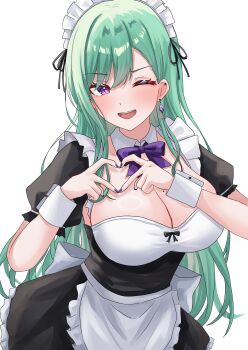 1girl ;d absurdres akue apron black_bow black_dress black_ribbon blush bow bowtie breasts bustier cleavage dress earrings four-finger_heart_hands frilled_apron frills green_hair hair_behind_ear hair_ribbon heart heart_hands heart_in_eye highres jewelry large_breasts long_hair looking_at_viewer maid maid_headdress mole mole_on_breast one_eye_closed open_mouth puffy_short_sleeves puffy_sleeves purple_bow purple_bowtie purple_eyes purple_nails ribbon short_dress short_sleeves simple_background single_earring smile solo swept_bangs symbol_in_eye very_long_hair virtual_youtuber vspo! waist_apron white_apron white_background white_bustier wrist_cuffs yakumo_beni