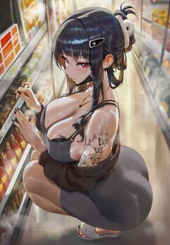 Rule 34 | 1girl, ai-assisted, ass, bare shoulders, black bra, black hair, black nails, blunt bangs, blush, bra, breasts, cleavage, d (killer wife) (nikke), d (nikke), dress, full body, goddess of victory: nikke, grey dress, hair ornament, hairclip, highres, jewelry, large breasts, long hair, looking at viewer, mask, mask pull, mouth mask, nail polish, necklace, off shoulder, patreon username, red eyes, sandals, shexyo, sidelocks, smile, solo, squatting, steam, sweat, sweater, tattoo, thighs, toenail polish, toenails, underwear