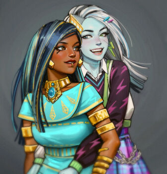 1girl 1other adelheid_(moschiola) ancient_egyptian aquiline_nose armlet black_eyeliner black_hair blue_eyes blue_hair blue_skin blush chain cleo_de_nile colored_skin dark-skinned_female dark_skin earrings eyebrow_piercing eyelashes eyeliner eyeshadow face_piercing frankie_stein gold_armlet green_eyes hair_ornament hairclip heterochromia highres jewelry lightning_bolt_symbol lip_piercing lip_ring lips long_hair makeup monster_girl monster_high monster_high_(g3) multicolored_hair nose open_mouth other_with_female parted_lips piercing pink_lips realistic scar scar_on_face smile stitched_face stitched_neck stitches streaked_hair teeth white_hair