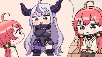 Rule 34 | 2girls, :d, ahoge, black boots, black bow, black dress, blush stickers, boots, bow, braid, braided bangs, brown eyes, brown jacket, brown pantyhose, chibi, collared shirt, commentary request, couch, crossed arms, demon horns, dress, green eyes, grey hair, hair between eyes, hair bow, hololive, horns, imagining, jacket, la+ darknesss, la+ darknesss (1st costume), long hair, long sleeves, low twintails, mochimiko, multicolored hair, multiple girls, on couch, open mouth, pantyhose, pink hair, plaid clothes, plaid skirt, puffy long sleeves, puffy sleeves, purple hair, purple thighhighs, red skirt, sakura miko, shirt, single thighhigh, skirt, sleeves past wrists, smile, standing, streaked hair, sweat, thighhighs, thighhighs under boots, twintails, very long hair, virtual youtuber, white shirt