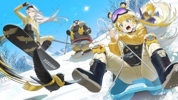 1other 2girls absurdres animal_ear_fluff animal_ears bear_boy belly bird black_bird black_boots black_fur black_gloves blonde_hair blue_sky boots bow colored_inner_hair commentary_request fangs fat fat_man fingerless_gloves fur-trimmed_jacket fur_trim furry furry_male gloves goggles goggles_on_head green_eyes grey_jacket grey_pants guest_art hair_between_eyes hair_ornament hairpin highres jacket ju_fufu knee_pads kushami_deso long_hair looking_at_another looking_at_viewer multicolored_fur multicolored_hair multiple_girls open_mouth orange_fur outdoors pan_yinhu panda_boy panda_ears pants scarf skiing skis sky sled sledding snow snowboard snowboarding striped_fur striped_hair sweater tail tail_bow tail_ornament tiger_ears tiger_girl tiger_stripes tiger_tail white_fur white_hair white_pants yellow_jacket yellow_scarf yellow_sweater yixuan_(zenless_zone_zero) zenless_zone_zero