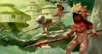 3girls armband barefoot black_eyes black_hair branch breasts cloak commentary_request forest fundoshi fur_cloak hair_ornament hanging_from_tree hat highres holding holding_polearm holding_weapon japanese_clothes large_breasts multiple_girls narisokonai nature navel open_mouth original polearm skull_on_head smile spear tree tree_shade treehouse underboob weapon wristband