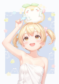 1girl arm_up armpits bare_shoulders bird blonde_hair blush border breasts brown_eyes collarbone dot_nose double-parted_bangs grey_border highres looking_up minami_mii naked_towel open_mouth original outside_border penguin rebun short_hair sidelocks simple_background small_breasts smile solo teeth towel twintails upper_teeth_only