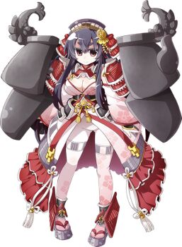1girl akaneya black_hair breasts cleavage detached_sleeves dress female_focus full_body hair_ornament large_breasts long_hair looking_at_viewer morioka_(oshiro_project) official_art okobo oshiro_project:re pantyhose platform_sandals red_eyes sandals shachihoko solo thick_eyebrows transparent_background white_pantyhose