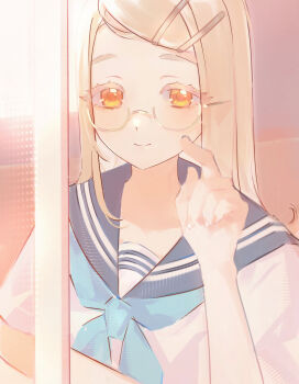 Rule 34 | 1girl, absurdres, blonde hair, blue neckerchief, blue sailor collar, closed mouth, collarbone, colored eyelashes, gakuen idolmaster, glasses, hair ornament, hairclip, hand up, hashtag-only commentary, hatsuboshi gakuen school uniform, highres, idolmaster, kilo1999forever, long hair, looking at viewer, neckerchief, orange eyes, parallel hairclips, pointing, sailor collar, sailor shirt, school uniform, shinosawa hiro, shirt, smile, solo, swept bangs, upper body, white shirt