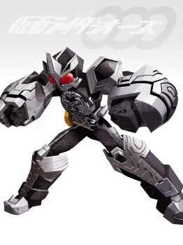 1boy copyright_name full_body gauntlets grey_armor grey_helmet helmet highres kamen_rider kamen_rider_ooo_(series) male_focus ooo_driver penpenhuihui red_eyes solo tokusatsu
