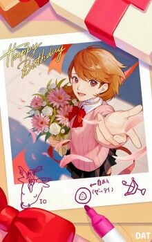 1girl :d absurdres artist_name black_skirt bouquet bow brown_eyes brown_hair cardigan choker commentary_request cowboy_shot da-cart drawn_object earrings falling_petals flipped_hair flower gekkoukan_high_school_uniform happy_birthday heart heart_choker highres holding holding_bouquet jewelry long_sleeves looking_at_viewer marker open_mouth outstretched_arm persona persona_3 petals photo_(object) pink_cardigan pink_flower pink_petals pleated_skirt polaroid_photo reaching reaching_towards_viewer red_bow ribbed_cardigan rose school_uniform short_hair skirt smile solo stud_earrings takeba_yukari translation_request white_choker white_flower white_rose