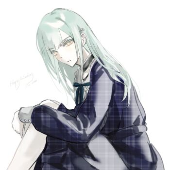 1girl bang_dream! bang_dream!_it's_mygo!!!!! black_choker blue_dress choker commentary dress feiyu30903448 frilled_choker frills green_hair hair_ornament hairclip happy_birthday highres long_hair male_focus plaid_clothes plaid_dress solo symbol-only_commentary unmoving_pattern wakaba_mutsumi white_background yellow_eyes