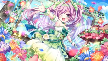 1girl ;d back_bow bare_shoulders blue_flower blue_sky bow breasts chest_bow choker cleavage cloud concert day detached_sleeves dot_nose dress dutch_angle falling_petals fang film_grain flower game_cg green_bow green_choker green_dress green_eyes green_hairband green_wrist_cuffs hair_intakes hairband holding holding_microphone izumi_tsubasu large_bow lens_flare long_hair microphone misaki_sango non-web_source official_art one_eye_closed open_mouth orange_flower outdoors outstretched_arms petals purple_flower purple_hair re:stage! red_flower rose screen short_sleeves sky small_breasts smile solo sparkle speaker spread_arms stage stage_lights strapless strapless_dress swept_bangs twintails white_flower white_rose wrist_cuffs