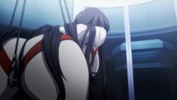 1girl animated anime_screenshot arms_behind_back ass ass_focus bdsm black_hair bodysuit bondage bound bound_arms bound_breasts breasts code_geass code_geass:_dakkan_no_roze from_behind highres huge_ass large_breasts long_hair official_alternate_costume sound straitjacket subtitled sumeragi_sakuya tagme very_long_hair video white_bodysuit wide_hips