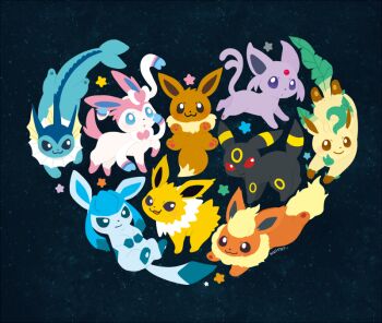 :3 black_eyes blue_eyes bright_pupils brown_eyes commentary_request eevee espeon evolutionary_line flareon full_body gen_1_pokemon gen_2_pokemon gen_4_pokemon gen_6_pokemon glaceon heart huiro jolteon leafeon nintendo no_humans open_mouth pokemon pokemon_(creature) purple_eyes red_eyes smile star_(symbol) sylveon umbreon vaporeon white_pupils