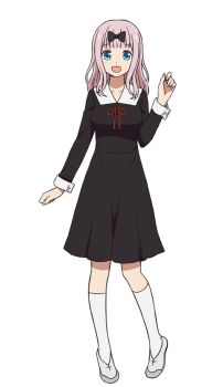 1girl anime_coloring arm_up black_bow black_dress blue_eyes blunt_bangs blush bow breasts collarbone collared_dress dress fujiwara_chika full_body hair_bow kaguya-sama_wa_kokurasetai_~tensai-tachi_no_renai_zunousen~ large_breasts long_hair looking_at_viewer neck_ribbon official_art open_mouth pink_hair red_ribbon ribbon school_uniform shoes shuuchiin_academy_school_uniform simple_background smile socks solo standing transparent_background uwabaki white_shoes white_socks winter_uniform yahiro_yuuko