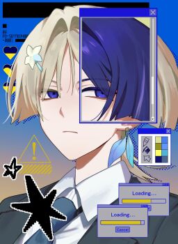 Rule 34 | !, 1boy, alternate color, alternate costume, black jacket, blazer, blonde hair, blue background, blue feathers, blue flower, blue necktie, blunt ends, closed mouth, collared shirt, color switch, commentary request, contemporary, earrings, empty eyes, expressionless, feather earrings, feathers, flower, genshin impact, gradient background, hair color switch, hair flower, hair ornament, hairclip, heart, highres, jacket, jewelry, korean commentary, lapels, loading icon, looking at viewer, male focus, multicolored flower, necktie, palette swap, profile, purple eyes, purple hair, scaramouche (genshin impact), school uniform, shirt, sia37068010, solo, star (symbol), tsurime, undershirt, white flower, white shirt, window (computing), wing collar