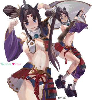 1girl armor artist_name asymmetrical_clothes asymmetrical_sleeves black_hair blue_eyes blue_panties blush breast_curtains breasts closed_mouth commentary_request detached_sleeves fate/grand_order fate_(series) feather_hair_ornament feathers full_body geta hair_ornament hat highres holding holding_sword holding_weapon japanese_armor katana kusazuri long_hair looking_at_viewer medium_breasts mismatched_sleeves navel open_mouth panties parted_bangs paw_pose pom_pom_(clothes) purple_sleeves re4di revealing_clothes sheath sheathed shoulder_armor side_ponytail simple_background single_pantsleg socks sode solo sword tassel tate_eboshi tengu-geta underwear ushiwakamaru_(fate) ushiwakamaru_(second_ascension)_(fate) very_long_hair weapon white_background white_sleeves white_socks wide_sleeves