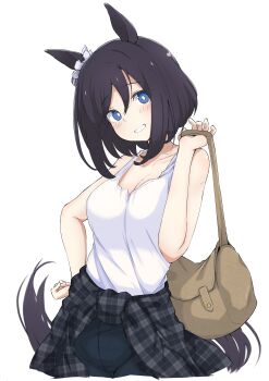1girl absurdres alternate_costume animal_ears bag black_hair black_pants black_shirt blue_eyes blush bob_cut breasts brown_bag casual clothes_around_waist commentary_request cropped_legs ear_scrunchie eishin_flash_(umamusume) grin hand_on_own_hip hand_up head_tilt highres holding holding_bag horse_ears horse_girl horse_tail looking_at_viewer medium_breasts medium_hair pants parted_lips plaid_clothes plaid_shirt raised_eyebrows shijimi_(sijimi1917) shirt shirt_around_waist shoulder_bag sideways_glance simple_background smile solo standing tail tank_top teeth umamusume white_background white_tank_top