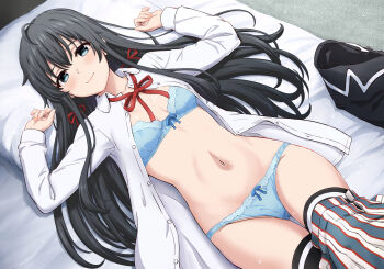 1girl black_hair black_thighhighs blue_bra blue_eyes blue_panties blush bow bow_bra bow_panties bra breasts closed_mouth commentary_request head_on_pillow highres inanaki_shiki jacket long_hair long_sleeves looking_at_viewer lying navel on_back on_bed open_clothes open_shirt panties pillow plaid_clothes plaid_skirt red_ribbon ribbon school_uniform skirt skirt_around_one_leg smile sobu_high_school_uniform solo stomach thighhighs thighs underwear unworn_jacket winter_uniform yahari_ore_no_seishun_lovecome_wa_machigatteiru. yukinoshita_yukino