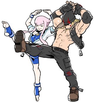 Rule 34 | 1boy, 1girl, abs, absurdres, alex (street fighter), armband, arms up, bare pectorals, beanie, belt, belt buckle, black belt, black gloves, black hat, black jacket, black pants, blonde hair, blue bodysuit, bodysuit, boots, breasts, brown boots, buckle, clenched teeth, closed eyes, eyelashes, facial mark, fingerless gloves, gloves, groin, hat, highres, jacket, large breasts, lipstick, makeup, manon legrand, muscular, muscular male, nipples, open clothes, open jacket, pants, pectorals, pink hair, sach56000, short hair with long locks, simple background, sleeveless, sleeveless jacket, smile, street fighter, street fighter 6, teeth, tiptoes, unzipped, white background, white jacket, zipper, zipper pull tab
