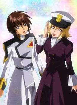 Rule 34 | 1boy, 1girl, absurdres, artist name, ascot, blonde hair, brother and sister, brown hair, buttons, cagalli yula athha, character name, compass uniform, dated, double-breasted, formal clothes, gundam, gundam seed, gundam seed freedom, happy birthday, hat, highres, kira yamato, looking at viewer, military hat, military uniform, pant suit, pants, peaked cap, purple eyes, salute, short hair, siblings, smile, suit, twins, twitter username, watermark, white ascot, yellow eyes, yukiichigo216