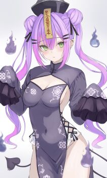 1girl absurdres blush bow breasts chinese_clothes cleavage commentary covered_navel demon_tail dress green_eyes hair_bow hair_bun hair_ornament hairclip hat highres hitodama hololive jiangshi jiangshi_costume lace-trimmed_sleeves lace_trim long_hair long_sleeves looking_at_viewer medium_breasts ofuda ofuda_on_head pink_hair purple_dress purple_hair qingdai_guanmao shrug_(clothing) side_slit simple_background sleeves_past_wrists solo symbol-only_commentary tail talisman tamamorh tokoyami_towa twintails white_background