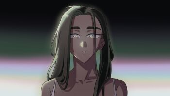 1girl alien_stage black_background brown_hair commentary dark-skinned_female dark_skin english_commentary gradient_background gradient_eyes grey_eyes highres hyuna_(alien_stage) kuradrawings long_hair multicolored_eyes parted_lips solo two-tone_eyes yellow_eyes yowamushi_mont-blanc_(vocaloid)