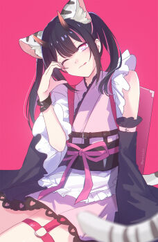 1boy animal_ear_fluff animal_ears apron arusuko black_hair blunt_bangs bracelet chinese_commentary chou_kaguya-hime! closed_mouth commentary_request crossdressing crossdressing_(mtf) detached_sleeves frilled_apron frills half-heart_hands hand_up heart heart-shaped_pupils heart_cheeks highres horns japanese_clothes jewelry kimono komazawa_noi long_hair long_sleeves looking_at_viewer male_focus multicolored_hair o-ring o-ring_thigh_strap one_eye_closed pink_background pink_kimono pink_ribbon ribbon simple_background sitting smile solo streaked_hair symbol-shaped_pupils thigh_strap tiger_ears trap twintails waist_apron white_apron