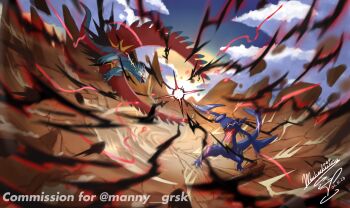 battle blue_sky claws cloud commission commissioner_name dated day debris dragon energy_ball eye_trail flying garchomp gen_4_pokemon highres light_trail mochachiiino motion_blur nintendo no_humans open_mouth outdoors pokemon pokemon_(creature) pokemon_focus roaring_moon sharp_teeth signature sky spikes teeth
