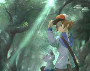 1boy brown_hair cottonee dewott forest gen_5_pokemon hilbert_(pokemon) nature nintendo okiza_yuuri pokemon pokemon_bw sewaddle
