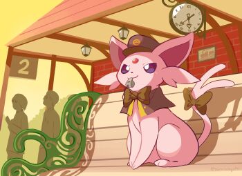 absurdres animal_ears animal_nose bench bow bowtie brick_wall bright_pupils cape commentary conductor conductor_hat curvy espeon forehead_jewel forked_tail gen_2_pokemon hat highres komanychi long_ears looking_up nintendo outdoors people pokemon pokemon_(creature) pokemon_focus purple_eyes shadow sitting solo sunset tail train_station whistle whistle_around_neck white_pupils