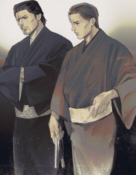 Rule 34 | 2boys, ahoge, alternate costume, beard, commentary request, cowboy shot, dojima daigo, facial hair, folded fan, folding fan, hand fan, highres, japanese clothes, kimono, male focus, mine yoshitaka, multiple boys, muted color, obi, own hands together, ryuu ga gotoku (series), ryuu ga gotoku 3, sash, tyag53, wide sleeves, yukata