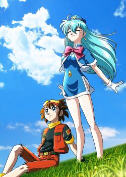 age_difference brown_hair child dress goggles grass hairband hat hoshiwatari_goro jacket legs long_hair messy_hair nishikawa_shinji official_art shirt shorts shota sitting teenage_girl_and_younger_boy tenjouin_katsura uniform wand yat_anshin_uchuu_ryokou