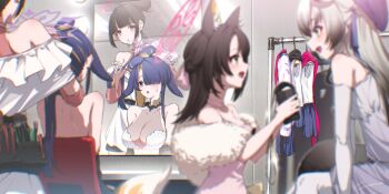 Rule 34 | 4girls, animal ear fluff, animal ears, bare shoulders, blush, breasts, brown hair, commentary request, detached sleeves, dress, fox ears, fox girl, fox tail, fur shawl, gradient hair, grey hair, hair over one eye, halo, hat, highres, izuna (blue archive), izuna (dress) (blue archive), large breasts, michiru (blue archive), michiru (dress) (blue archive), multicolored hair, multiple girls, off-shoulder dress, off shoulder, official alternate costume, official alternate hairstyle, open mouth, pink dress, pink halo, purple eyes, purple hair, purple halo, purple hat, raccoon ears, raccoon girl, raccoon tail, see-through cleavage, see-through clothes, shawl, tail, tsukuyo (blue archive), tsukuyo (dress) (blue archive), tying another's hair, white dress, yo na