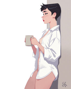 1girl adversarial_noise against_wall alt_text artist_name audrey_hepburn black_hair bottomless breasts brown_eyes closed_mouth collared_shirt commentary cowboy_shot cup drinking_glass english_commentary galmesh_rosewood half-closed_eyes highres holding holding_cup long_sleeves making-of_available naked_shirt navel no_bra open_clothes open_shirt original profile red_lips shirt short_hair simple_background small_breasts solo white_background white_shirt