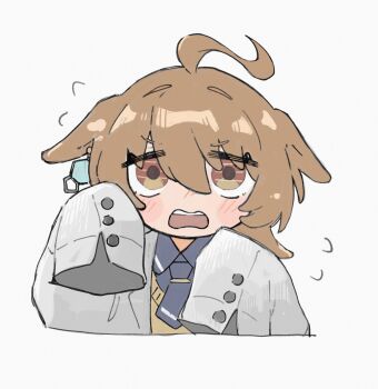 Rule 34 | 1girl, agnes tachyon (tach-nology) (umamusume), agnes tachyon (umamusume), ahoge, animal ears, black necktie, black shirt, blush, brown hair, chemical structure, coat, collared shirt, cowering, ear ornament, earrings, ears down, flying sweatdrops, frown, grey background, hair between eyes, highres, horse ears, horse girl, jewelry, lab coat, medium hair, necktie, ohagi 0909, open clothes, open coat, open mouth, red eyes, scared, shirt, short necktie, simple background, single earring, sleeves past fingers, sleeves past wrists, solo, sweater, umamusume, white coat, yellow sweater