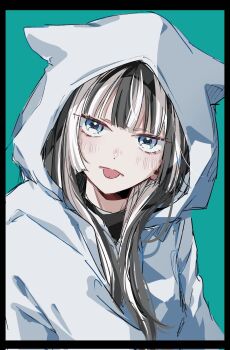 1girl animal_ear_hood aqua_background black_border black_hair blue_eyes border commentary_request fake_animal_ears frown highres hololive hololive_dev_is hood hood_up hoodie juufuutei_raden long_hair looking_at_viewer multicolored_hair saito_shiorii simple_background solo streaked_hair tongue tongue_out two-tone_hair upper_body virtual_youtuber white_hair white_hoodie