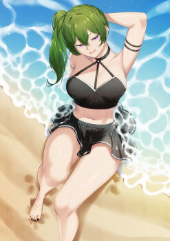 1girl arm_behind_head arm_strap bare_legs bare_shoulders barefoot beach bikini bikini_skirt black_choker black_nails black_skirt blueorca breasts choker collarbone feet foot_out_of_frame green_hair hair_between_eyes highres large_breasts long_hair looking_at_viewer midriff nail_polish navel o-ring o-ring_top outdoors parted_lips purple_eyes sand side_ponytail sitting skirt smile solo sousou_no_frieren swimsuit thighs toenail_polish toenails toes ubel_(sousou_no_frieren) water