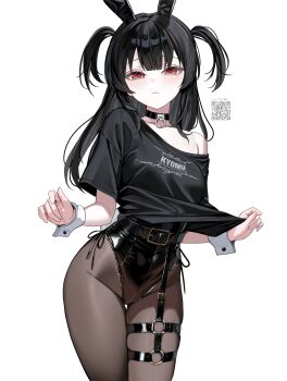 Rule 34 | 1girl, :<, absurdres, akadajohnson02, animal ears, belt, black belt, black hair, black leotard, black pantyhose, black ribbon, black shirt, collar, commentary request, cowboy shot, fake animal ears, frown, hands up, highres, leotard, long hair, looking at viewer, o-ring, o-ring collar, o-ring thigh strap, off-shoulder shirt, off shoulder, original, pantyhose, playboy bunny, print shirt, qr code, rabbit ears, red collar, red eyes, ribbon, shirt, sidelocks, simple background, skindentation, solo, thigh strap, two side up, white background, white wrist cuffs, wrist cuffs