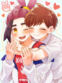 2boys applin arms_around_another's_neck arms_around_neck arms_around_shoulders black_hair blush brown_hair closed_eyes collared_shirt colored_inner_hair commentary_request florian_(pokemon) gen_8_pokemon hair_tie hair_tied hair_tied_up happy heart highres hug hug_from_behind jacket kieran_(pokemon) looking_at_another looking_back loose_hair_strand male_focus mochi_(mocchi_p_2m) multicolored_hair multiple_boys necktie nintendo off-shoulder_jacket off_shoulder one_eye_closed open_mouth pokemon pokemon_sv purple_hair red_tank_top shirt short_hair smile tank_top two-tone_hair upper_body white_jacket white_shirt yaoi yellow_eyes