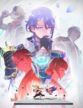 2girls 5boys aether_(genshin_impact) ahoge armor asymmetrical_armor asymmetrical_hair black-framed_eyewear black_armor black_gloves black_headband black_pants black_shirt blonde_hair blue_eyes blue_flower blue_hair blunt_bangs board_game boots braid braided_ponytail brown_hair camellia cape chibi chinese_commentary clenched_teeth closed_mouth coat commentary_request crop_top cup curtained_hair drinking fake_horns floating flower genshin_impact glasses gloves go_(board_game) gold_trim grey_eyes hair_behind_ear hair_between_eyes hair_bun hair_ornament hair_over_shoulder half_gloves halo hand_on_own_chin hand_up headband highres hiiragi_chisato holding holding_cup horned_headwear horns japanese_armor japanese_clothes kamisato_ayato kimono kujou_kamaji long_hair long_sleeves looking_ahead looking_down mechanical_halo medium_hair mondlc multiple_boys multiple_girls open_mouth paimon_(genshin_impact) pants parted_bangs petals popped_collar purple_cape purple_shirt red_kimono red_pupils ribbon-trimmed_sleeves ribbon_trim ringed_eyes ripples romper running shirt short_hair shoulder_armor single_hair_bun single_sode smile sode star_(symbol) star_hair_ornament sweat teeth thoma_(genshin_impact) turn_pale white_boots white_cape white_coat white_hair white_romper wide_sleeves yellow_eyes