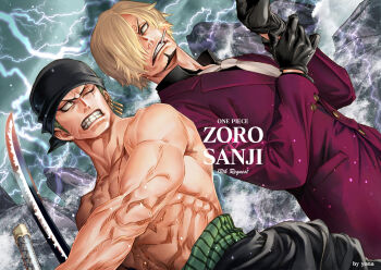 Rule 34 | 2boys, bandana, black gloves, blonde hair, character name, cigarette, clenched teeth, commentary request, copyright name, curly eyebrows, earrings, electricity, facial hair, gloves, goatee, green hair, holding, holding sword, holding weapon, jewelry, male focus, multiple boys, muscular, muscular male, necktie, one piece, roronoa zoro, sanji (one piece), scar, scar across eye, scar on face, short hair, shredded muscles, smoking, sword, teeth, topless male, upper body, weapon, white necktie, yona (edenkasuga)