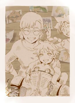 absurdres ayla_(chrono_trigger) chrono_cross chrono_trigger crono_(chrono_trigger) frog_(chrono_trigger) glasses greyscale highres kid_(chrono_cross) long_hair looking_at_viewer lucca_ashtear monochrome multiple_boys multiple_girls open_mouth robo_(chrono_trigger) robot ryon_(yasagure_un) smile v