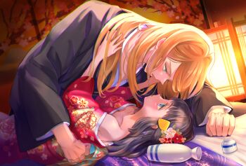 1boy 1girl akari_(pokemon) alcohol bare_shoulders black_hair black_kimono blonde_hair blue_eyes blush bottle collarbone commentary_request drunk eye_contact fingernails floral_print floral_print_kimono hand_on_another's_back hetero japanese_clothes kimono long_hair looking_at_another mitama_(mokochiko) nintendo open_mouth pink_kimono pokemon pokemon_legends:_arceus print_kimono sake sake_bottle size_difference volo_(pokemon)