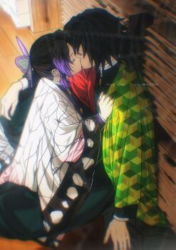 1boy 1girl black_hair black_jacket black_pants butterfly_hair_ornament buttons closed_eyes demon_slayer_uniform gold_buttons hair_ornament haori hetero high_collar highres jacket japanese_clothes kikkoumon kimetsu_no_yaiba kiss kochou_shinobu long_hair low_ponytail male_focus niku_(ni23ku) pants ponytail print_haori profile purple_hair red_haori sitting spiked_hair tomioka_giyuu white_haori