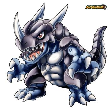 Rule 34 | aderek, c'mon digimon: the capering monster bun, greymon, horns, muscular, open mouth, red eyes, sharp teeth, simple background, tail, teeth, veins, white background