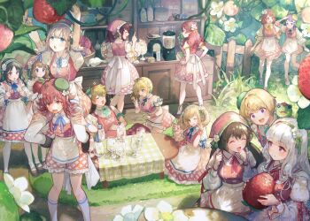 2boys 6+girls :d :o ^_^ ahoge apron aqua_eyes arm_over_head arms_up beret black_footwear black_hair black_ribbon blender_(object) blonde_hair blouse blue_eyes blue_hair blue_ribbon blush branch brown_eyes brown_hair buttons carrying character_request check_character closed_eyes country_lolita criss-cross_strings cup cupboard drinking_glass fence flower food food_on_face frills fruit full_stomach gakuen_idolmaster garden gingham gingham_shorts gingham_skirt gradient_hair grass green_ribbon grey_hair hagiwara_yukiho hair_flower hair_ornament hairband hanami_saki hanami_ume hand_to_own_mouth hands_on_own_hips hat headscarf highres holding holding_cup holding_food holding_fruit idolmaster idolmaster_(classic) idolmaster_cinderella_girls idolmaster_dearly_stars idolmaster_million_live! idolmaster_shiny_colors idolmaster_side-m idolmaster_va-liv in-franchise_crossover juliet_sleeves kaerre kashiwagi_tsubasa kitchen_scale komiya_kaho kuroda_kuroko layered_sleeves leaf letora_(idolmaster) lolita_fashion long_sleeves medium_hair mini_hat mizutani_eri multicolored_hair multiple_boys multiple_girls open_mouth outdoors oversized_food oversized_object parfait pierre_bichelberger puffy_shorts puffy_sleeves purple_eyes red_eyes red_hair red_ribbon red_shorts red_skirt red_vest ribbon satake_minako sato_shin serizawa_asahi shijou_takane shirt shoes short_hair shorts shoulder_carry skirt smile socks strawberry strawberry_parfait stuffed_animal stuffed_frog stuffed_toy suou_momoko table tablecloth tachibana_arisu thighhighs twintails vest waist_apron weighing_scale white_flower white_hair white_shirt white_socks white_thighhighs wooden_fence yellow_ribbon